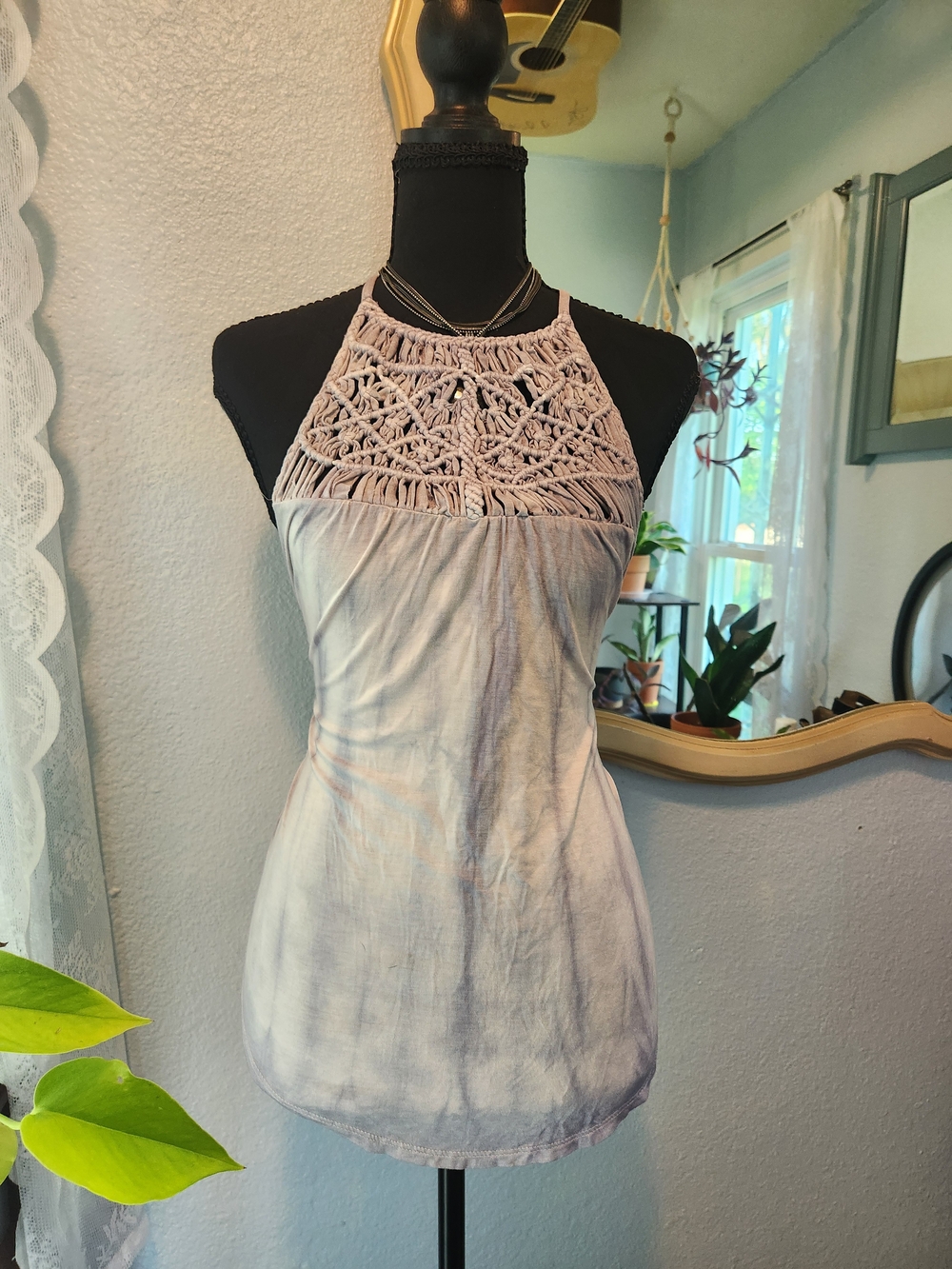 American Eagle Outfitters Purple And White Macramé Halter Tank